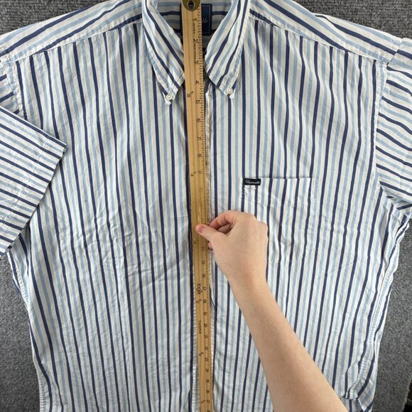 Faconnable Button-Down Cotton XL USA Striped Short Sleeve Blue Mens Shirt Pocket - Picture 3 of 10